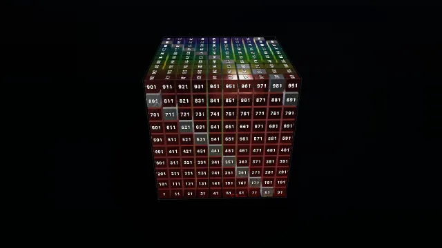 A stack of numbered cubes arranged in decimal rows and layers