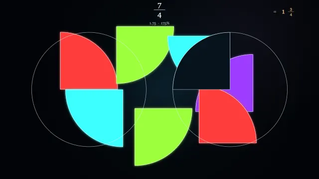 Colored fractional circle pieces spanning more than one whole