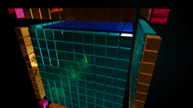 Separated cube with a central block, face slabs, edge bars and corner pieces